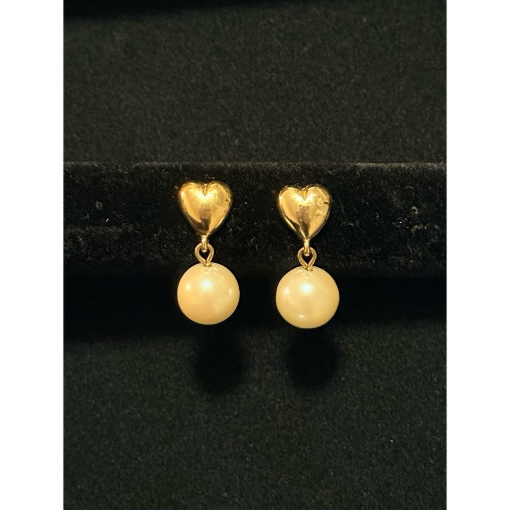 Gold Heart Pearl Drop Dangle Earrings